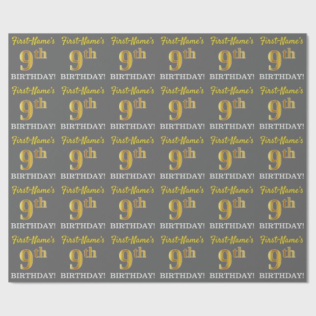 Papier Cadeau Grey, Imitation Gold Look "9e anniversaire" (Plat)
