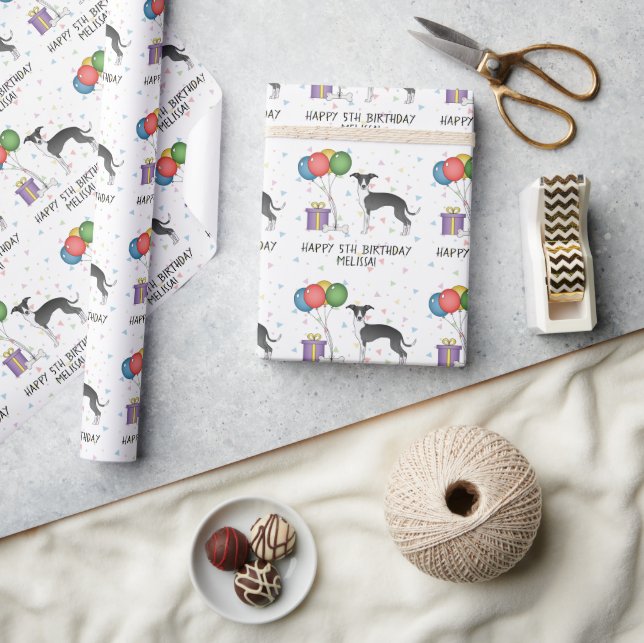 Papier Cadeau Greyhound Italien Noir Et Blanc - Joyeux anniversa (Artisanat)