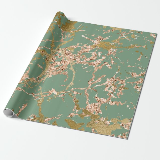 Papier Cadeau Grille de marbre doré Rose de la mer verte (Déroulé)