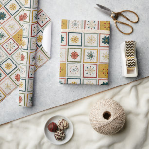 Papier Cadeau Grille de Noël de fleurs, feuilles et flocons de n