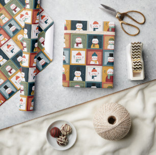 Papier Cadeau Grille Texturée de Bonshommes de Neige Festifs