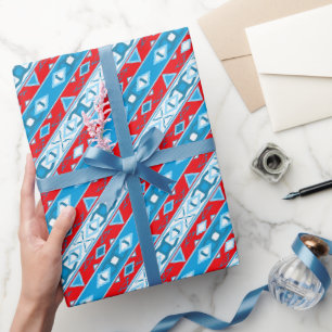 Papier Cadeau Grilles et formes géométriques du bleu rouge blanc