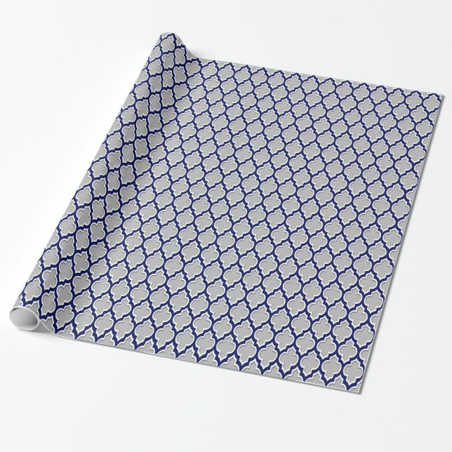 Papier Cadeau Gris, bleu marine, blanc Quatrefoil marocain #4DS (Déroulé)