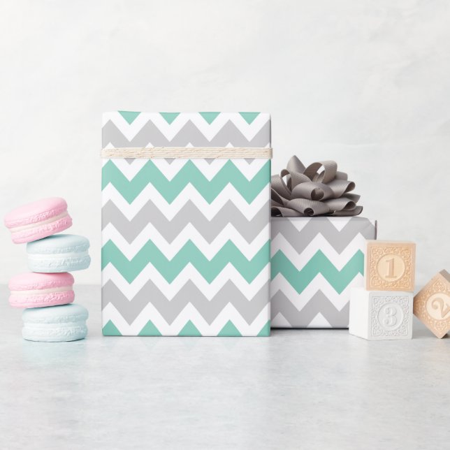 Papier Cadeau Gris et Aqua Zigzag Chevron Stripes (Baby Shower)