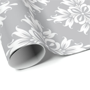 Papier Cadeau Gris Floral Damassé Symétrique Royal Mariage