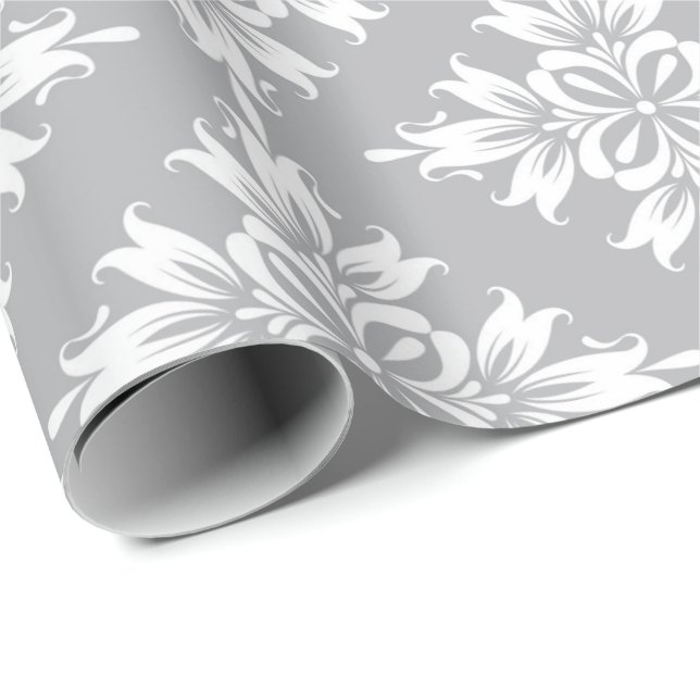 Papier Cadeau Gris Floral Damassé Symétrique Royal Mariage (Coin rond)