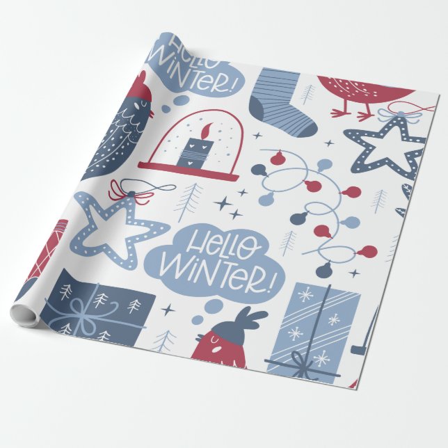 Papier Cadeau Gris Noël Bonjour Hiver Papier d'enveloppement (Déroulé)