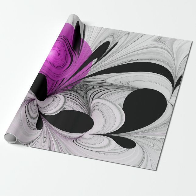 Papier Cadeau Gris Noir Abstrait Avec Art Fractal Magenta (Déroulé)