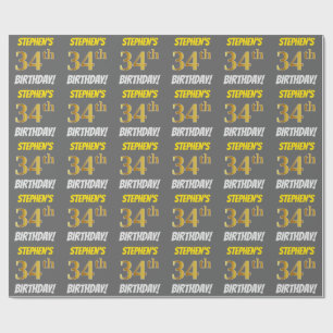 Papier Cadeau Gris, Or Faux/Imitation, "34e ANNIVERSAIRE"