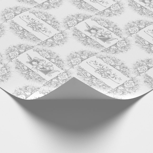 Papier Cadeau Gris romantique et blanc gravé floral (Coin)