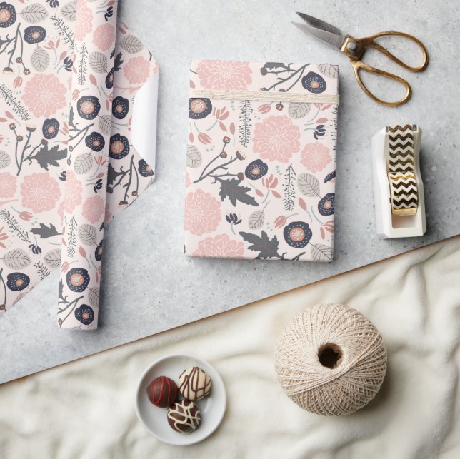 Papier Cadeau Gris rose Noir Botanique Motif Floral (Artisanat)
