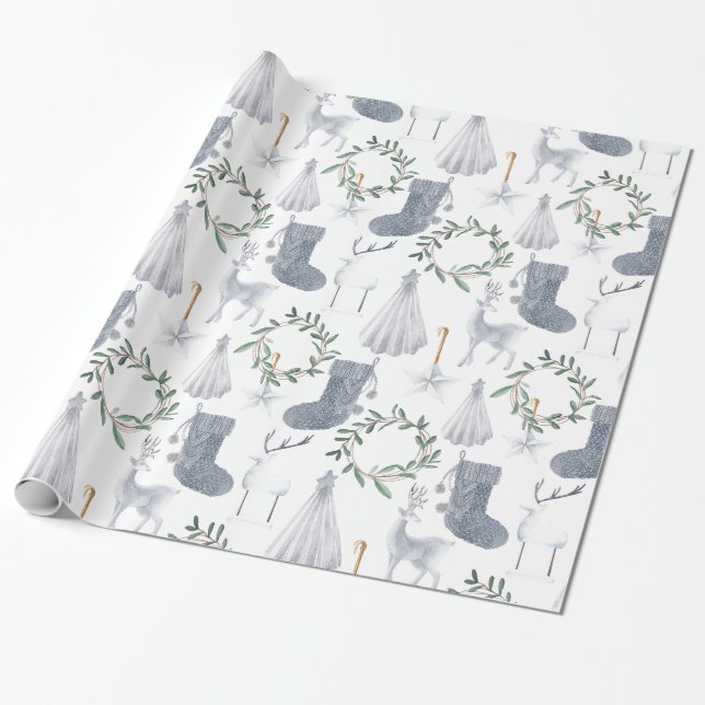 Papier Cadeau Gris Vert Festif Scandinave Thème Noël  | (Déroulé)