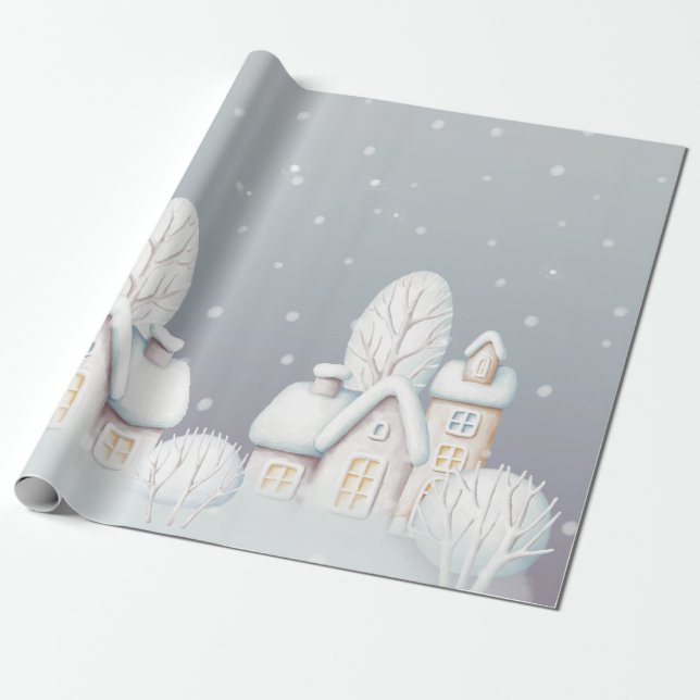 Papier cadeau gris violet maison de neige (Déroulé)