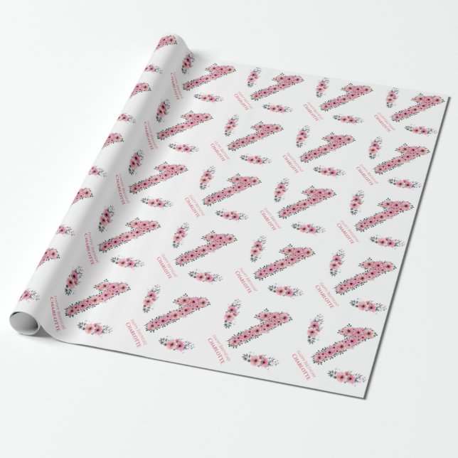 Papier Cadeau Gros 1er Anniversaire Green Foliage Girl Rose Flow (Déroulé)