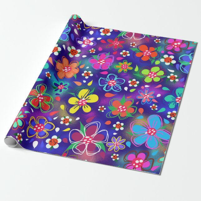 Papier Cadeau Gros Gras Fleurs Boho Style mignonne (Déroulé)