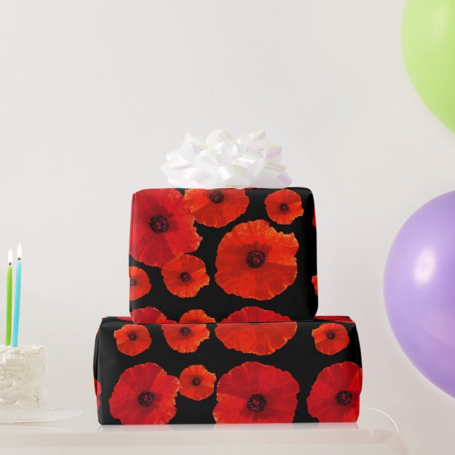 Papier Cadeau Gros pavots rouges sur le noir (Cadeaux de fête)