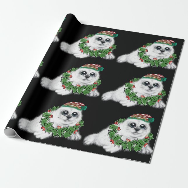 Papier Cadeau Grosse de phoque blanc de Noël, animal arctique fe (Déroulé)
