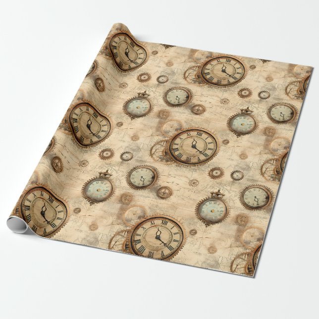 Papier Cadeau Grunge Rustic Steampunk Horloge (6) (Déroulé)