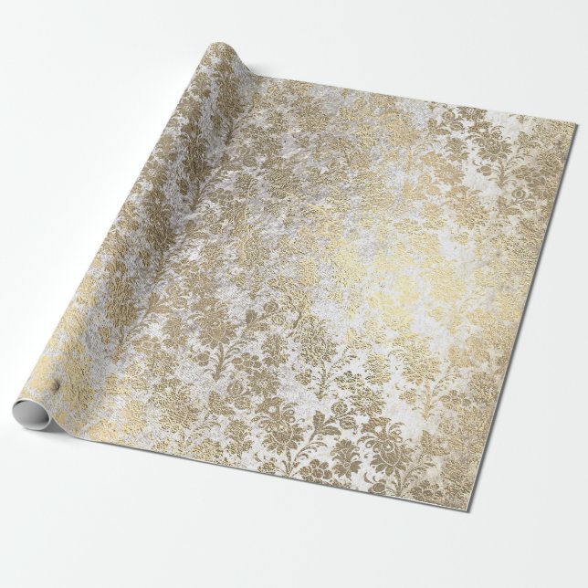 Papier Cadeau Grungy Foxier Or Rose ivoire Poudre Blush Floral (Déroulé)