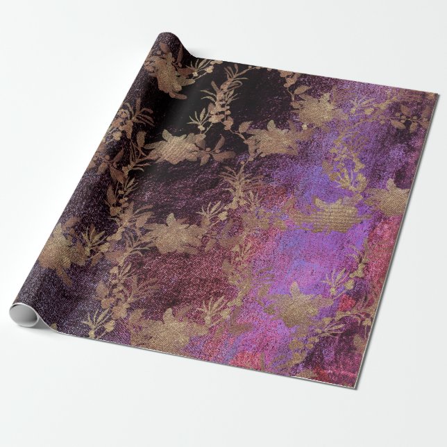 Papier Cadeau Grungy Purple Vieux Maroon Gold Wreath Blush Royal (Déroulé)