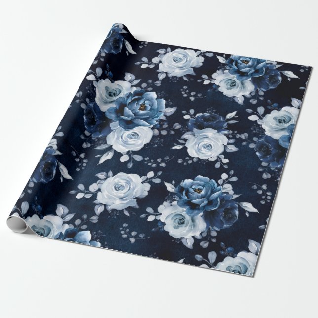 Papier Cadeau Guerre Mariage florale de la marine d'ardoise bleu (Déroulé)