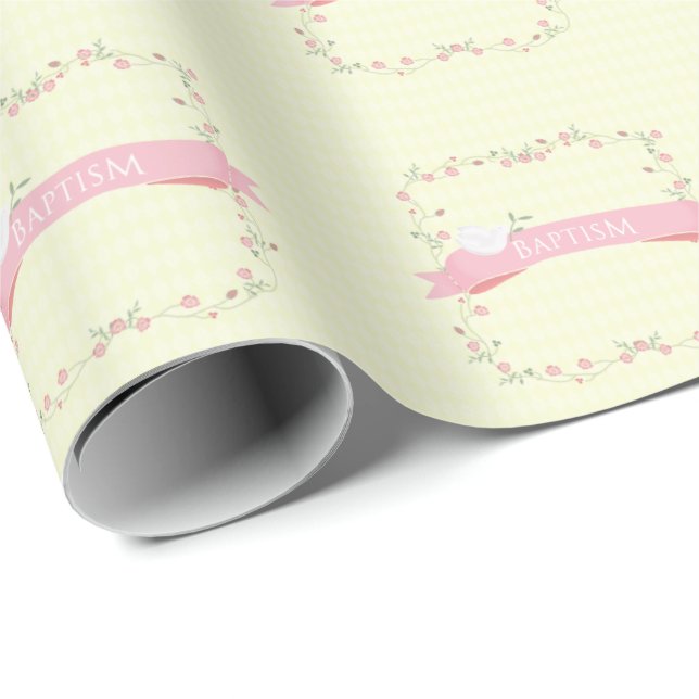 Papier Cadeau Guirlande florale rose de baptême (Coin rond)