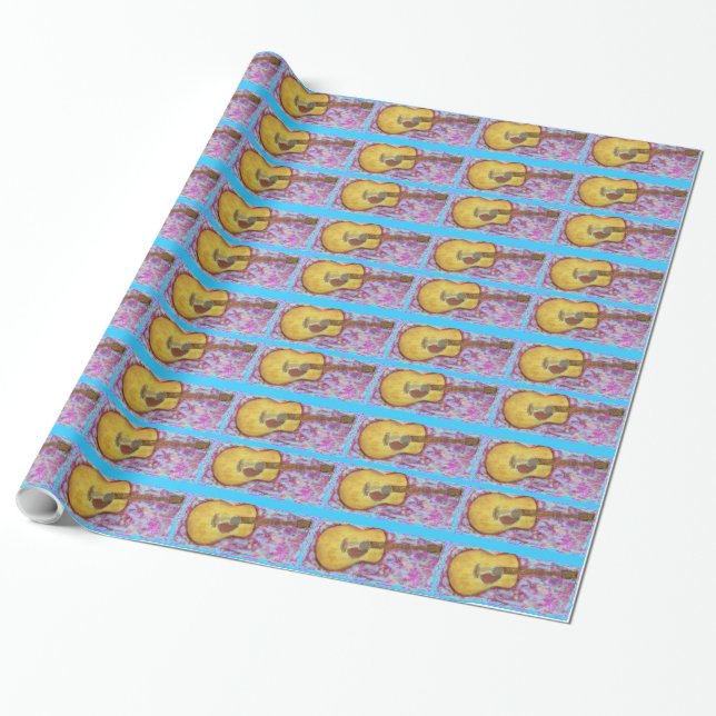 Papier Cadeau guitare acoustique patinée jaune (Déroulé)