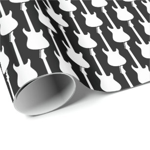 Papier Cadeau Guitare électrique blanche rayures sur fond noir