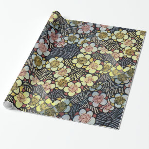 PAPIER CADEAU HAIKU/ FLEURS DE PRINTEMPS JAUNE ROSE BLANC NOIR