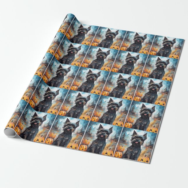 Papier Cadeau Halloween Affenpinscher avec la peur Citrouille (Déroulé)