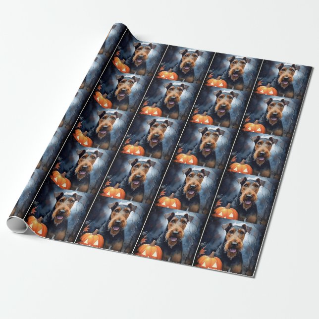 Papier Cadeau Halloween Airedale Avec Peur Citrouille (Déroulé)