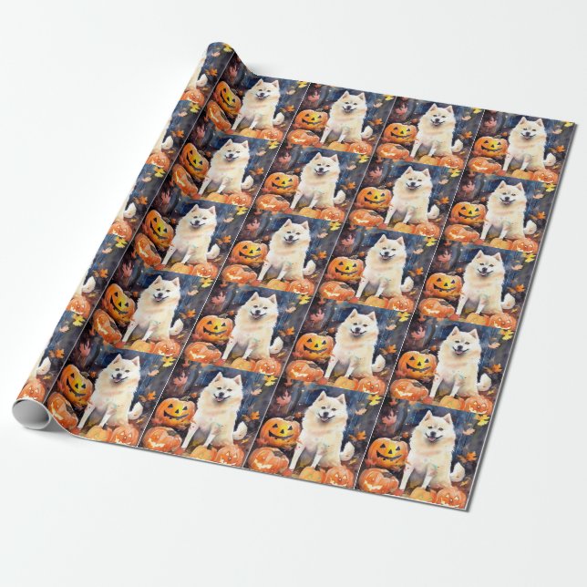 Papier Cadeau Halloween Akita Américain Avec La Peur Citrouille (Déroulé)