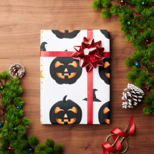 Papier Cadeau Halloween blanc et noir Citrouille et Motif casque