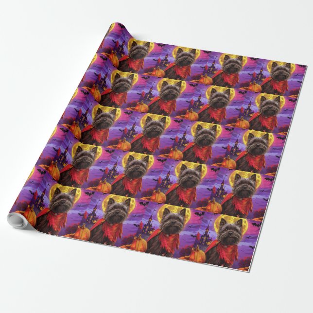 Papier Cadeau Halloween Cairn Terrier Vampire Citrouilles effroi (Déroulé)
