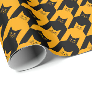 Papier Cadeau Halloween Chat Houndstooth Noir et orange