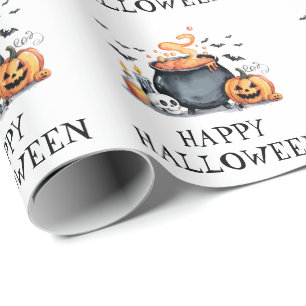 Papier Cadeau Halloween crâne Éffrayant Citrouille Bats Cauldron