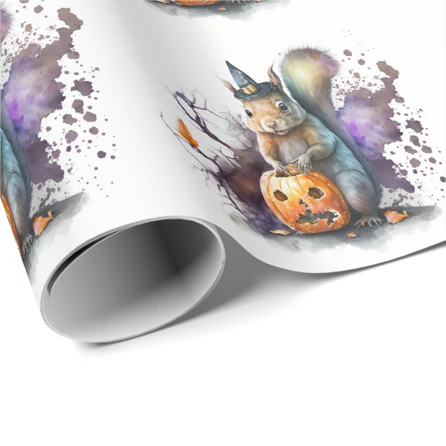 Papier Cadeau Halloween écureuil aquarelle (Coin rond)