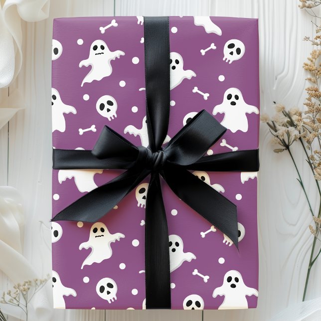 Papier Cadeau Halloween éffrayant violet Fantômes et crânes (Créateur téléchargé)