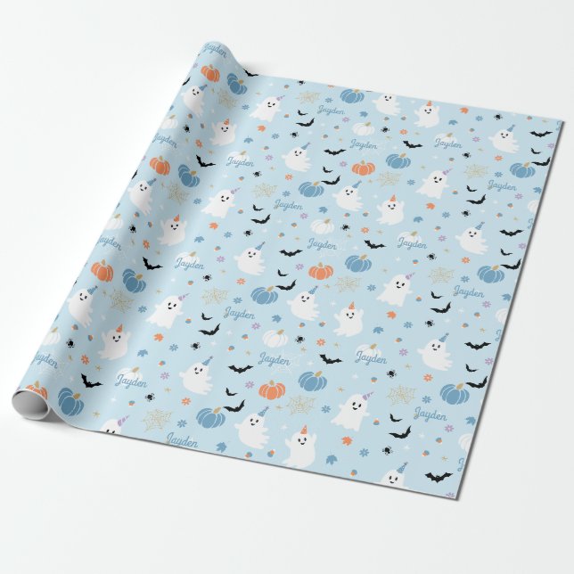 Papier Cadeau Halloween Fantôme Bleu Cute Avec Nom Personnalisé (Déroulé)