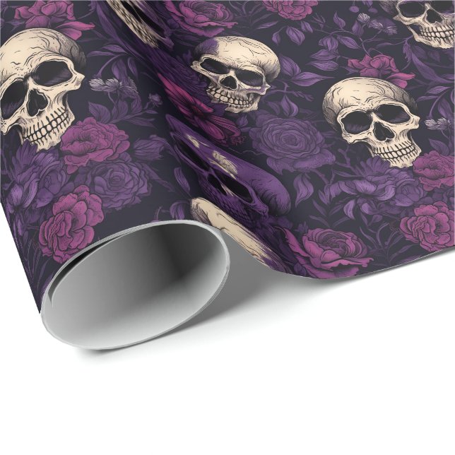 Papier Cadeau Halloween gothique floral violet (Coin rond)
