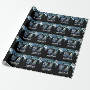 Papier Cadeau Halloween Horreur hantée Maison effroi Bleu nuit