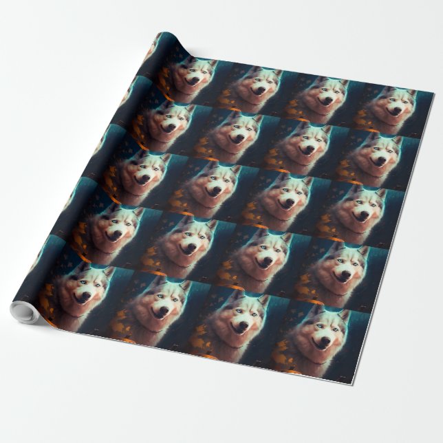 Papier Cadeau Halloween Husky Sibérien Avec La Peur Citrouille (Déroulé)