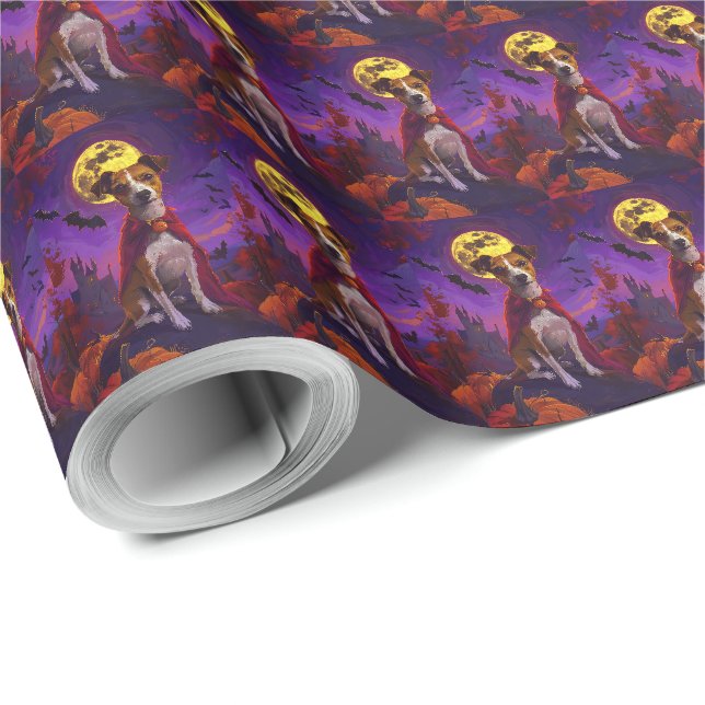Papier Cadeau Halloween Jack Russell Vampire Citrouilles effroi (Coin rond)