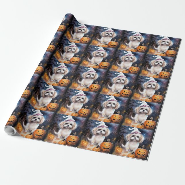 Papier Cadeau Halloween Malti Tzu Avec Peur Citrouille (Déroulé)
