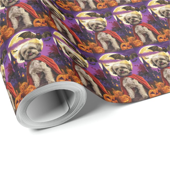 Papier Cadeau Halloween Malti Tzu Vampire Citrouilles effroi (Coin rond)