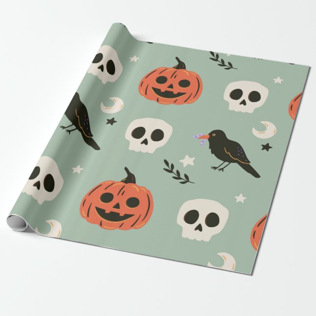 Papier Cadeau Halloween motif sans couture avec corbeaux, crânes (Déroulé)