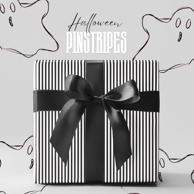 Papier Cadeau Halloween noir et blanc à rayures (Elegant Halloween Pinstripes in Black and White Striped Pattern for Autumn Birthday & Fall Party)