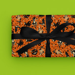 Papier Cadeau Halloween noir et orange de style vintage