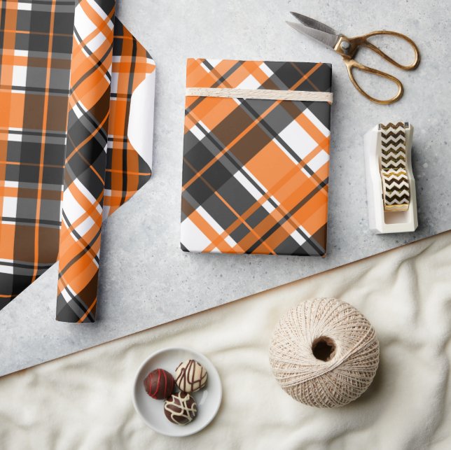 Papier Cadeau Halloween noir orange et blanc plaid (Artisanat)