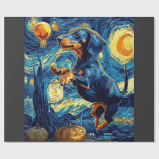 Papier Cadeau Halloween Nuit Étoilée Chien Dachshund